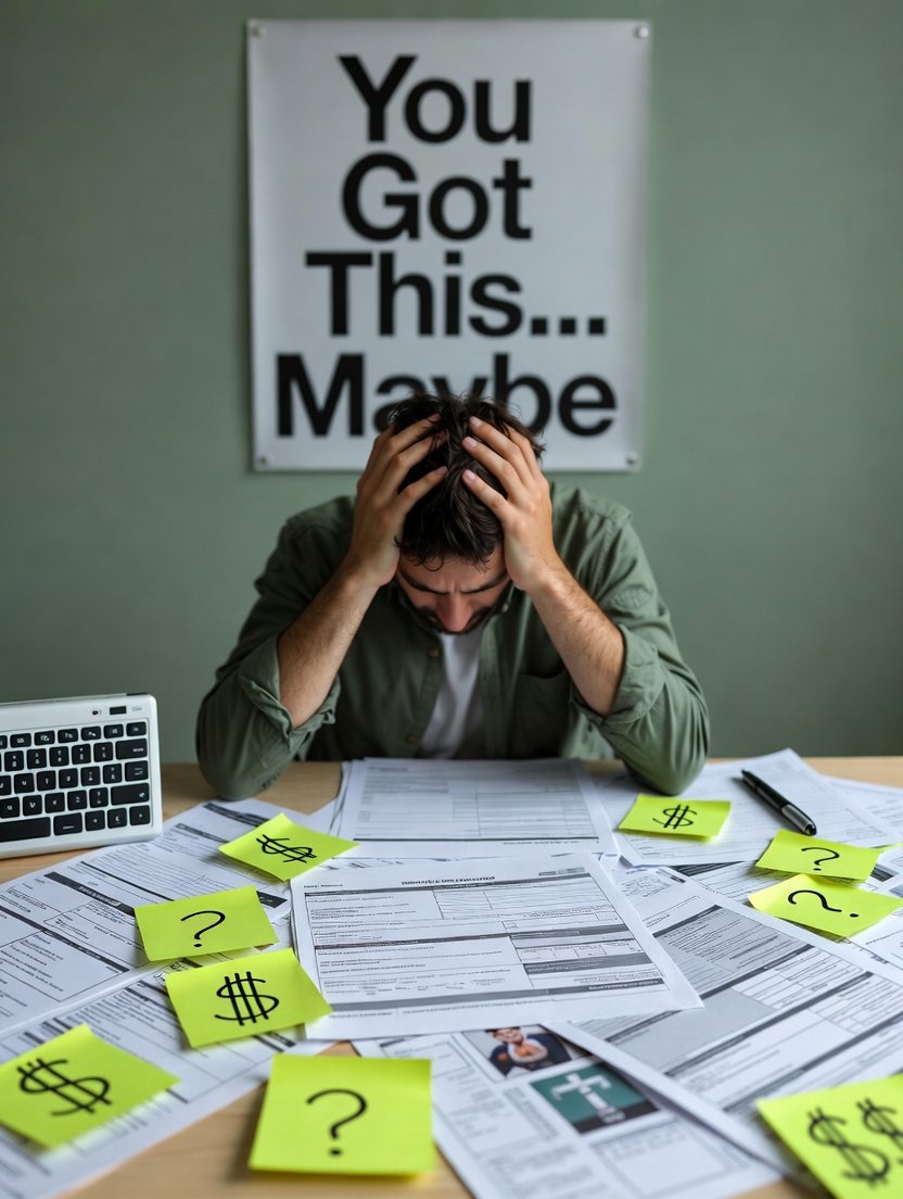 cluttered kitchen table covered in insurance brochures,