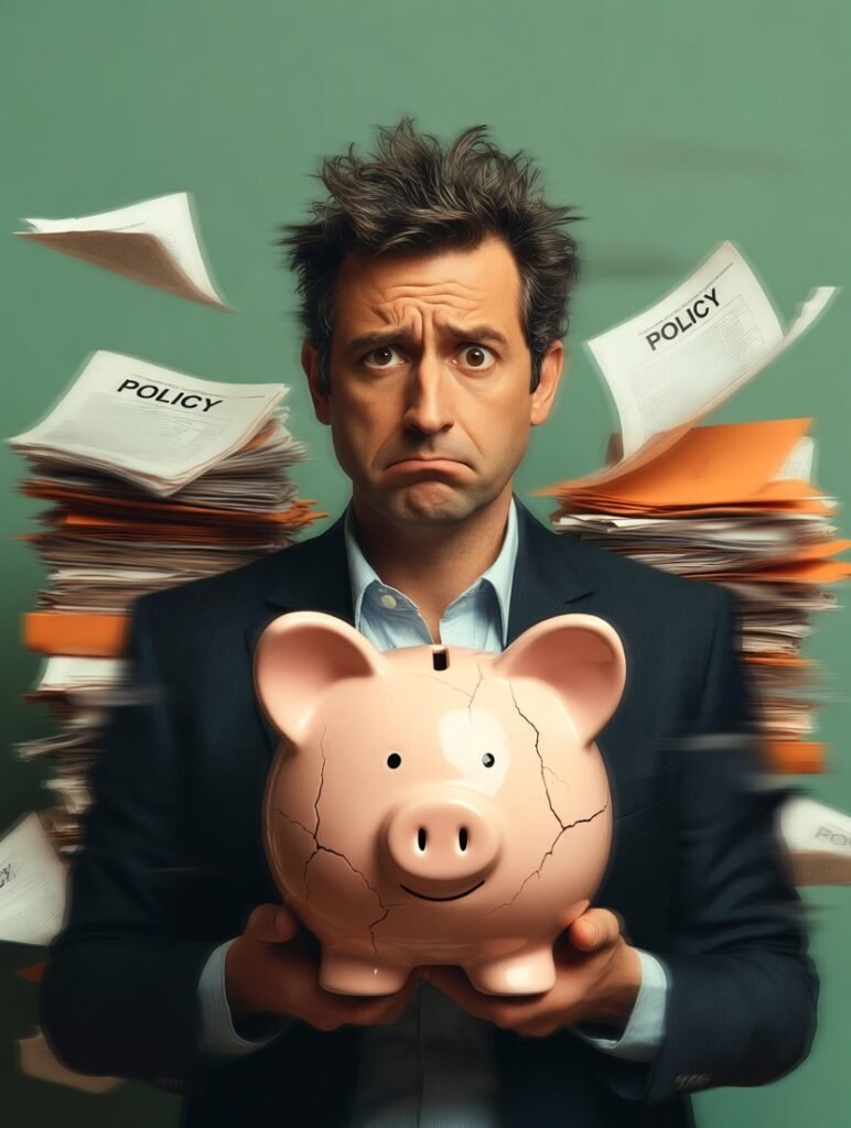 Tired guy holding cracked piggy bank, floating State Farm card