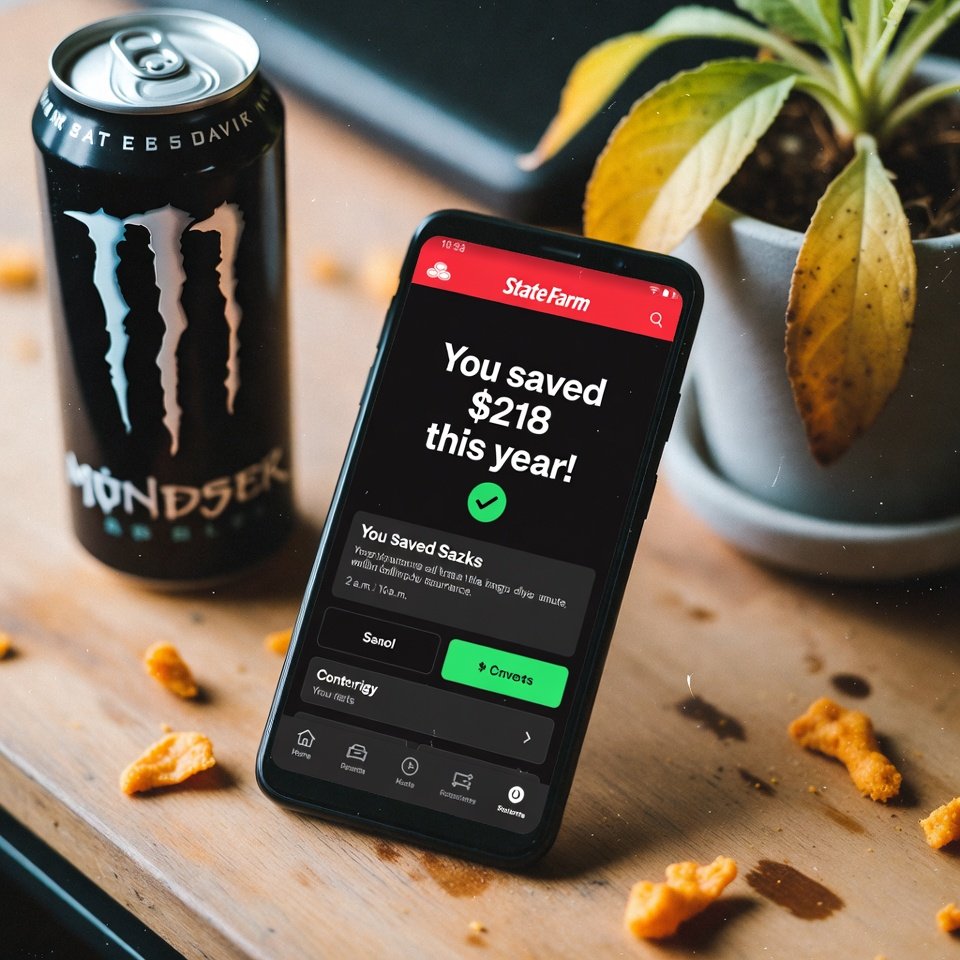 Messy phone showing State Farm "You saved $218" on dirty table