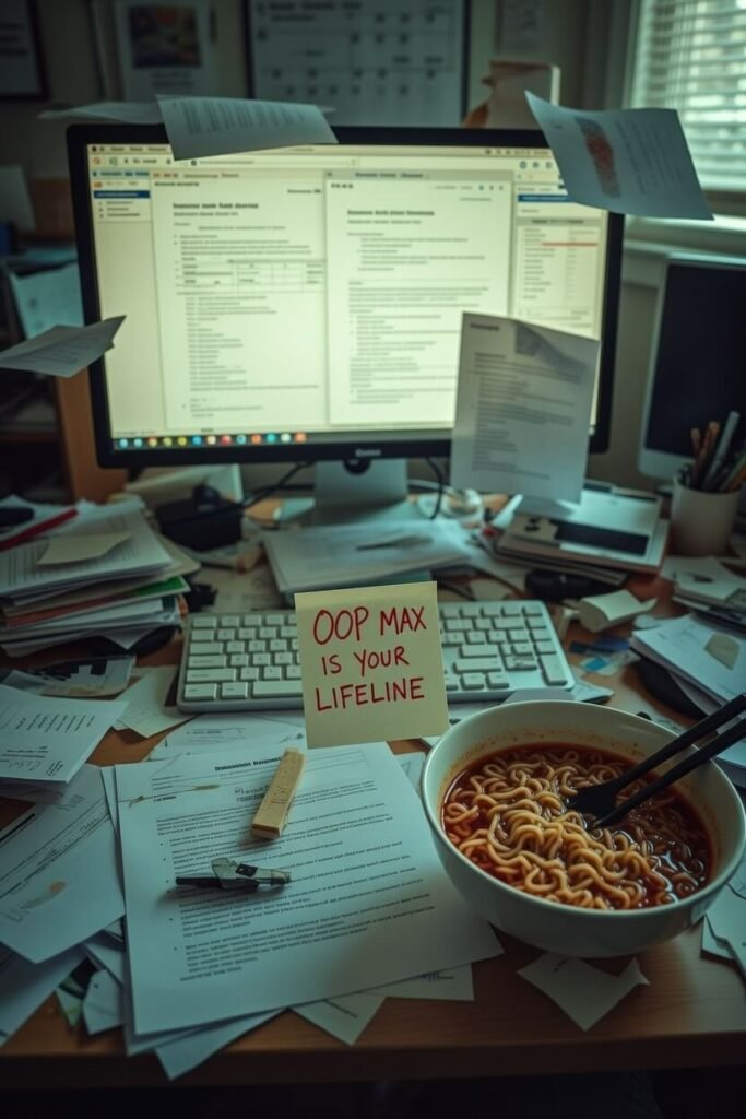 Cluttered home office desk showing health insurance PDFs and instant noodles