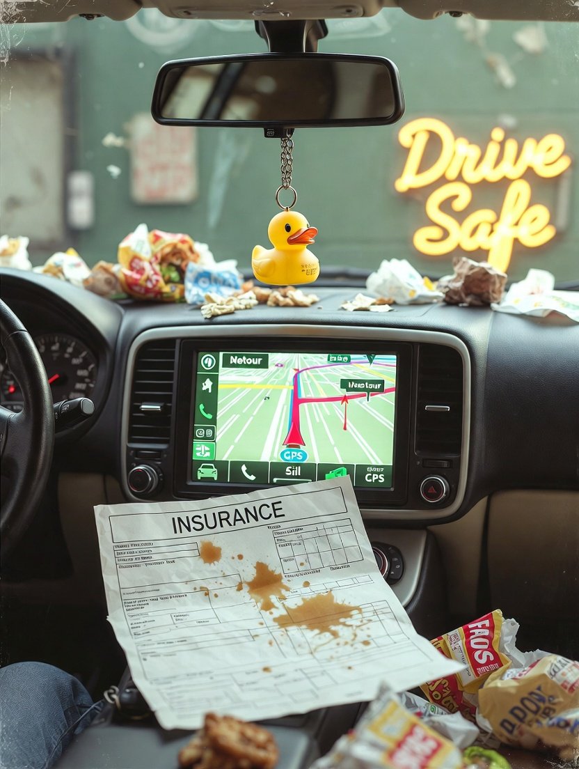 coffee-stained auto insurance renewal notice taped crookedly